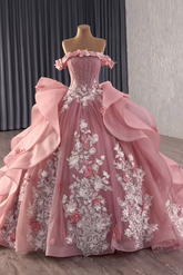 Pink Off Shoulder Quinceanera Dress Ball Gown Sweet 16 Dress with Lace Appliques