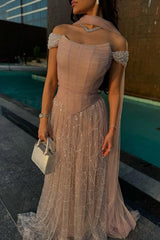 Pink Off The Shoulder Beaded Formal Dress Sequined Tulle A Line Prom Evening Gown