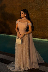 Pink Off The Shoulder Beaded Formal Dress Sequined Tulle A Line Prom Evening Gown
