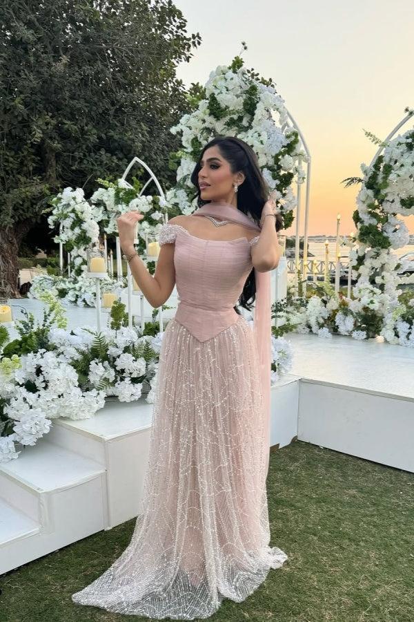Pink Off The Shoulder Beaded Formal Dress Sequined Tulle A Line Prom Evening Gown