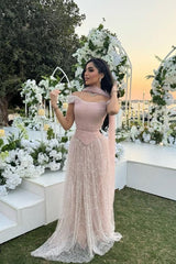 Pink Off The Shoulder Beaded Formal Dress Sequined Tulle A Line Prom Evening Gown