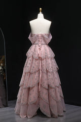 Pink Off The Shoulder Prom Dress A Line Tiered Beaded Formal Dress