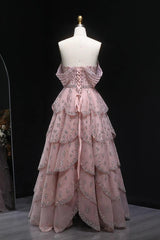 Pink Off The Shoulder Prom Dress A Line Tiered Beaded Formal Dress