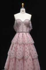 Pink Off The Shoulder Prom Dress A Line Tiered Beaded Formal Dress