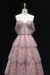 Pink Off The Shoulder Prom Dress A Line Tiered Beaded Formal Dress