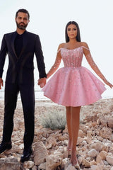 Pink Off the Shoulder Homecoming Dress Ball Gown Beaded Short Cocktail Dress