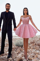 Pink Off the Shoulder Homecoming Dress Ball Gown Beaded Short Cocktail Dress