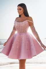 Pink Off the Shoulder Homecoming Dress Ball Gown Beaded Short Cocktail Dress