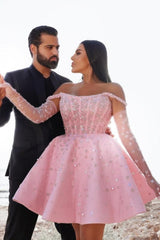 Pink Off the Shoulder Homecoming Dress Ball Gown Beaded Short Cocktail Dress