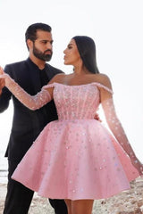 Pink Off the Shoulder Homecoming Dress Ball Gown Beaded Short Cocktail Dress