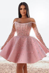Pink Off the Shoulder Homecoming Dress Ball Gown Beaded Short Cocktail Dress