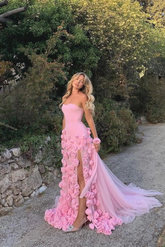 Pink Prom Dress 3D Flowers Strapless Mermaid Formal Dress With Side Slit