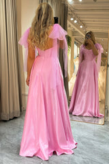 Pink Prom Dress A Line Backless Long Corset Evening Dress With Lace