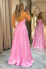 Pink Prom Dress A Line Backless Long Corset Evening Dress With Lace