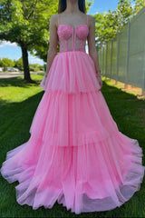 Pink Prom Dress A-Line Ruffled Corset Long Formal Dress With Lace
