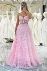 Pink Prom Dress A Line Tiered Sweetheart Long Corset Evening Dress