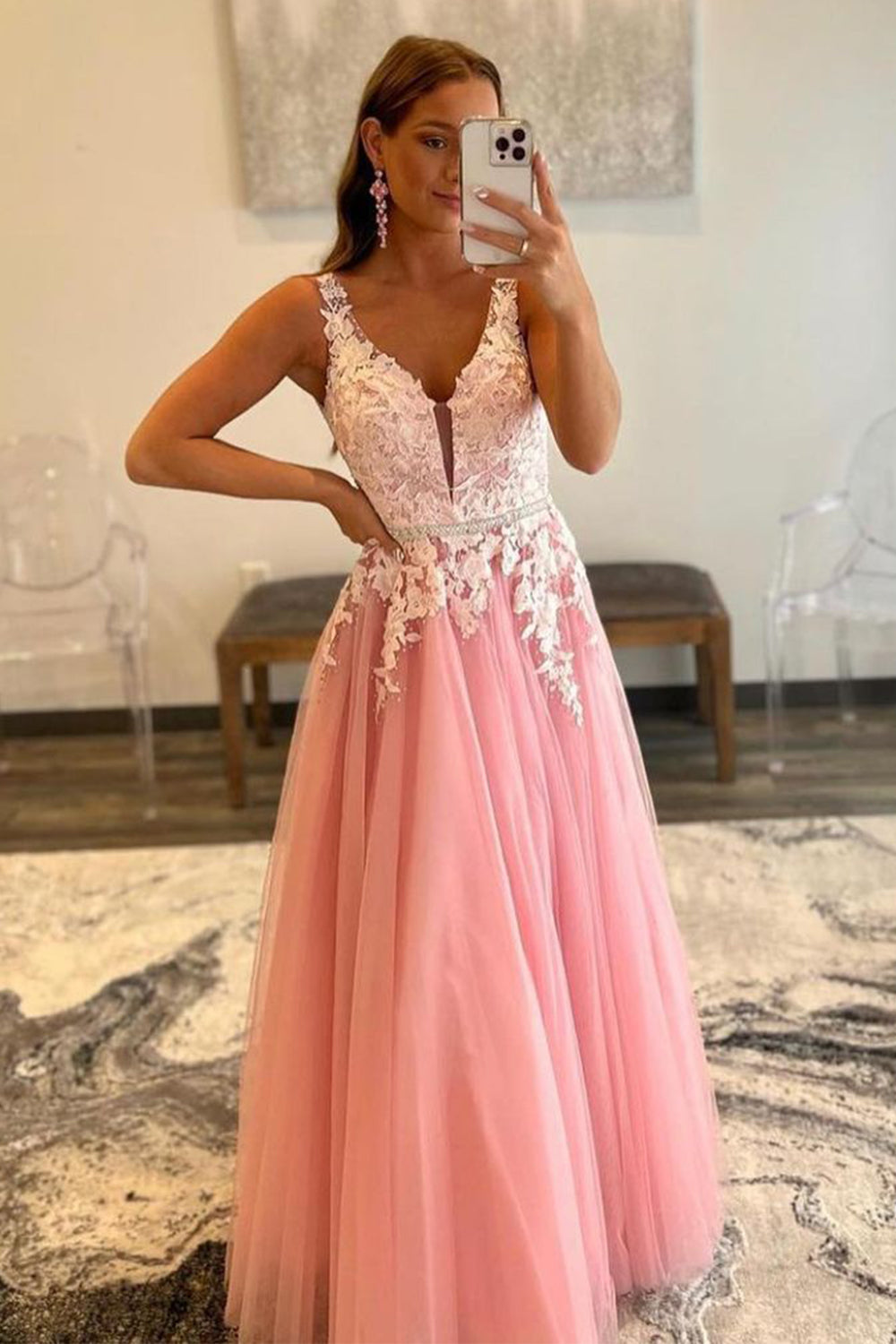 Pink Prom Dress A Line Tulle Evening Dress with Appliques