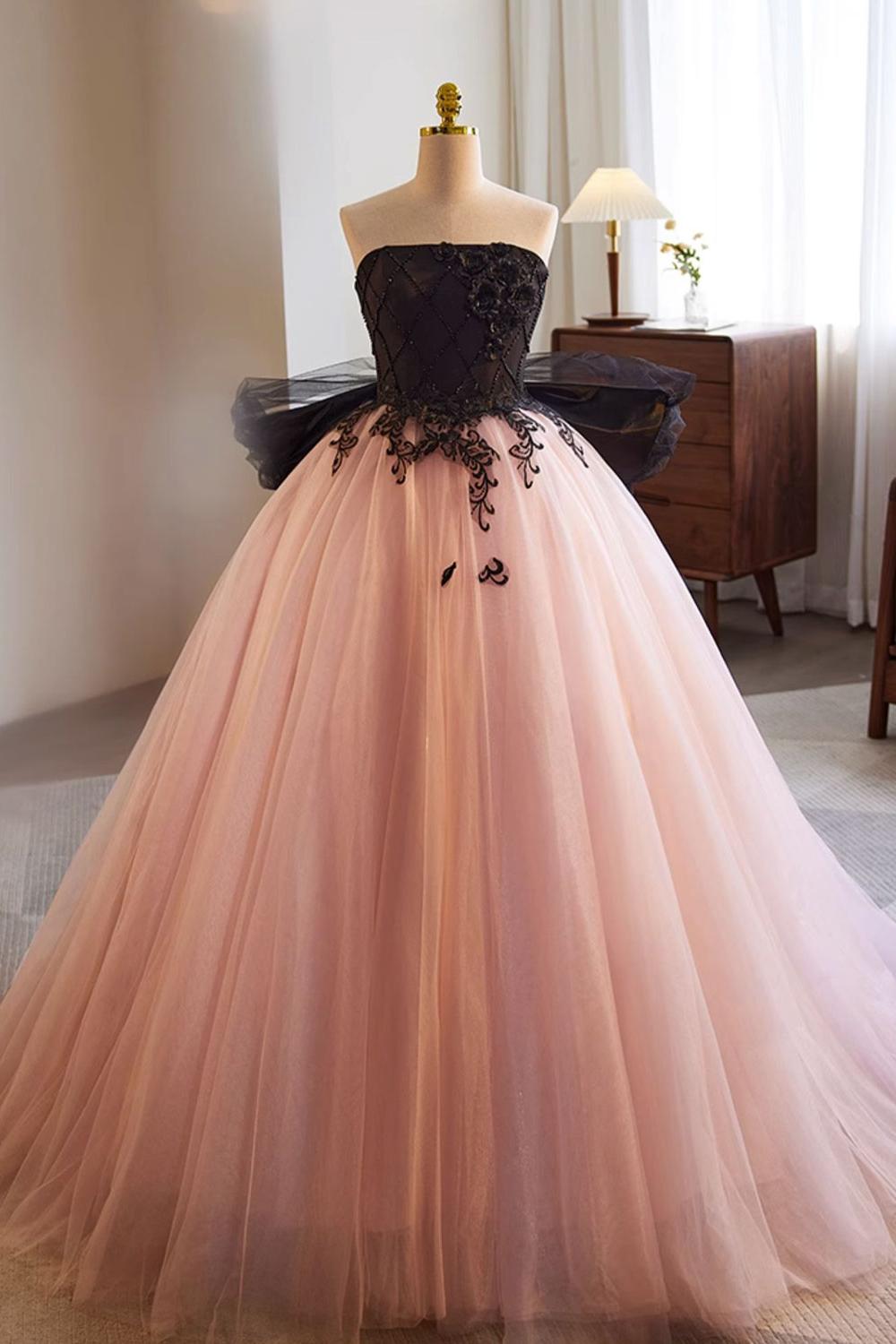 Pink Prom Dress A Line Tulle Lace Long Formal Evening Dress