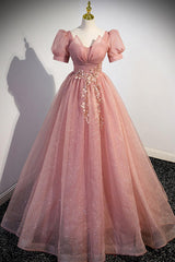 Pink Prom Dress A Line Tulle Sequin Lace Long Formal Evening Dress