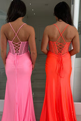 Pink Prom Dress Beaded Mermaid Ruched Spaghetti Straps Long Formal Dress With Slit