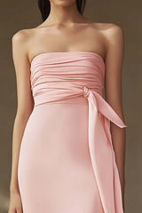 Pink Prom Dress Chiffon Strapless Sheath Ruched Long Formal Dress