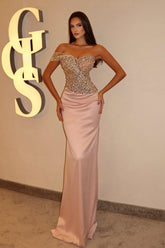 Pink Prom Dress Column Strapless Beaded One Shoulder Sleeveless Satin Formal Dress With Rhinestones