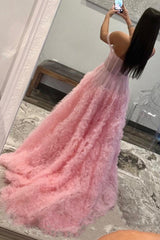 Pink Prom Dress Corset Off the Shoulder Long Evening Dress with Ruffles
