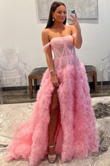 Pink Prom Dress Corset Off the Shoulder Long Evening Dress with Ruffles