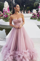 Pink Prom Dress Corset Sweetheart Long Evening Dress with Ruffles