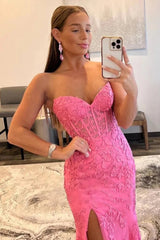 Pink Prom Dress Corset Sweetheart Long Lace Evening Dress with Slit