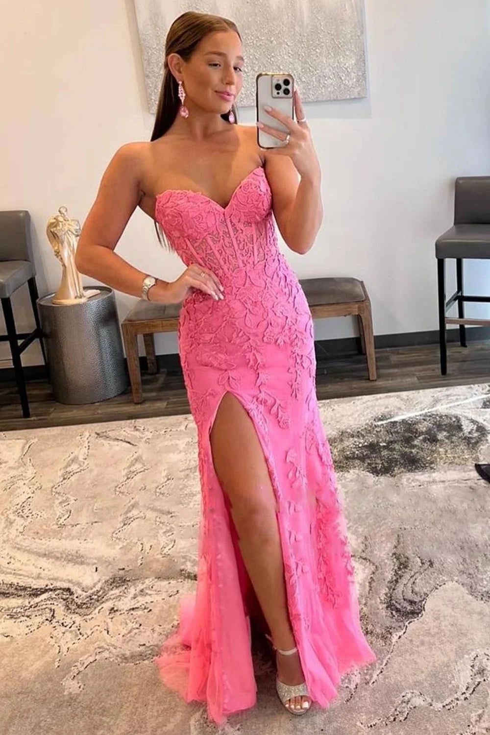 Pink Prom Dress Corset Sweetheart Long Lace Evening Dress with Slit