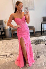Pink Prom Dress Corset Sweetheart Long Lace Evening Dress with Slit