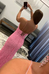 Pink Prom Dress Detachable Train Sequined Evening Dress with Slit
