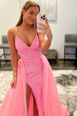 Pink Prom Dress Detachable Train Sequined Evening Dress with Slit