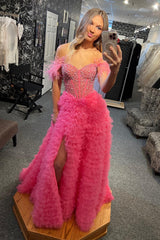 Pink Prom Dress Feathered Ruffled Long Formal Dress With Slit