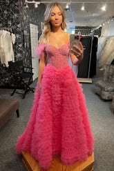 Pink Prom Dress Feathered Ruffled Long Formal Dress With Slit