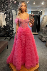 Pink Prom Dress Feathered Ruffled Long Formal Dress With Slit