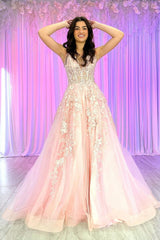 Pink Prom Dress Floral A Line Corset Lace Formal Dress With Slit