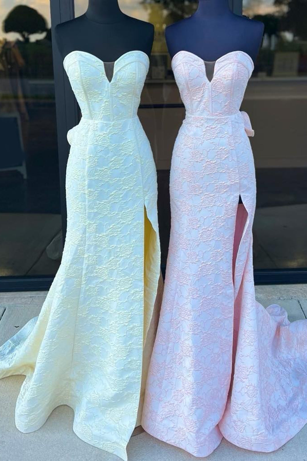 Pink Prom Dress Floral Ruffled Mermaid Sweetheart Long Evening Dress with Slit