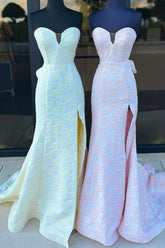 Pink Prom Dress Floral Ruffled Mermaid Sweetheart Long Evening Dress with Slit