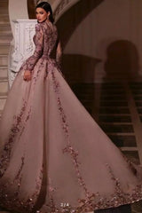 Pink Prom Dress Glitter Sleeves V Neck Beaded Embroidery Floor Length Tulle Formal Dress With Rhinestone