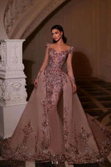 Pink Prom Dress Glitter Sleeves V Neck Beaded Embroidery Floor Length Tulle Formal Dress With Rhinestone