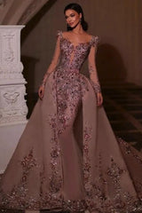 Pink Prom Dress Glitter Sleeves V Neck Beaded Embroidery Floor Length Tulle Formal Dress With Rhinestone