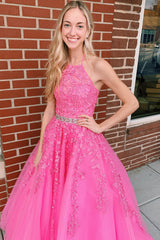 Pink Prom Dress Halter Long Evening Dress With Appliques