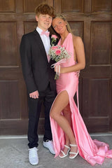 Pink Prom Dress Halter Satin Mermaid Long Formal Dress With Slit