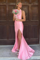 Pink Prom Dress Halter Satin Mermaid Long Formal Dress With Slit