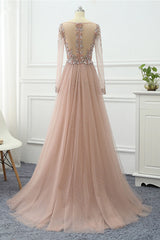 Pink Prom Dress Long Sleeve V Neck Beaded Formal Dress