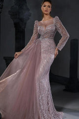 Pink Prom Dress Mermaid Crew Beaded Sleeves Tulle Panel Train Formal Dress