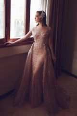 Pink Prom Dress Mermaid Crew Sleeve Beaded Panel Train Tulle Formal Dress With Appliques