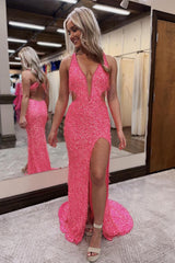 Pink Prom Dress Mermaid Fringed Formal Dress With Slit